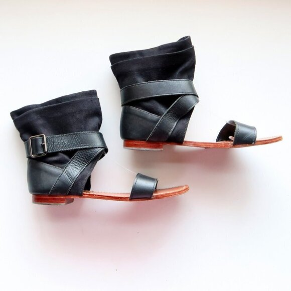 Mellow Yellow Black Leather & Linen Flat Gladiator Sandals Open Toe Summer Shoes - Picture 12 of 16